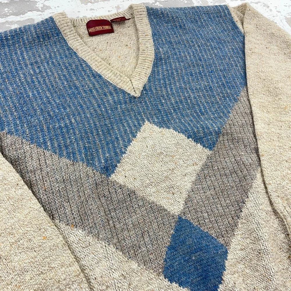 Vintage Grandpa Sweater Men XL Tan Blue Woll Blend Knit V Neck 90s Diamond - Picture 5 of 10
